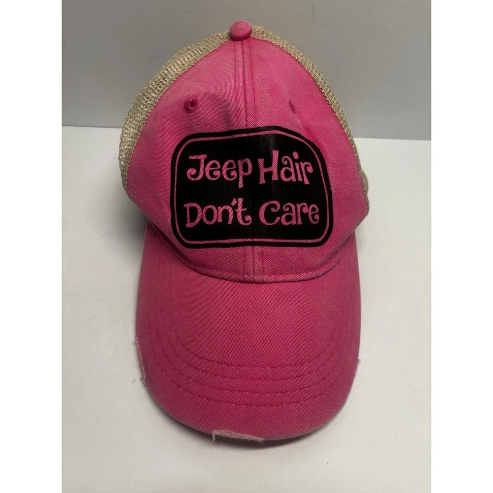 Adam's Jeep Hair Dont Care Pink Embroidered Women's Hat Cap Snap Back Distressed